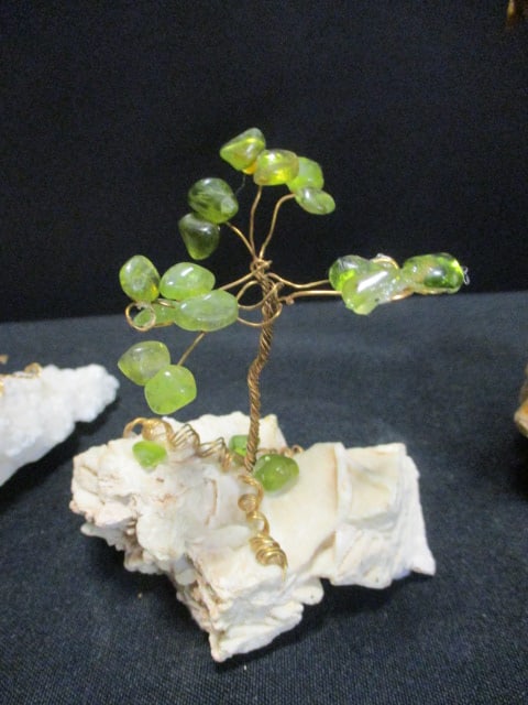 Three Small Braided Copper Trees with Natural Stone Leaves on Quartz Chunks - 5