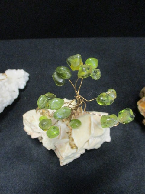 Three Small Braided Copper Trees with Natural Stone Leaves on Quartz Chunks - 6