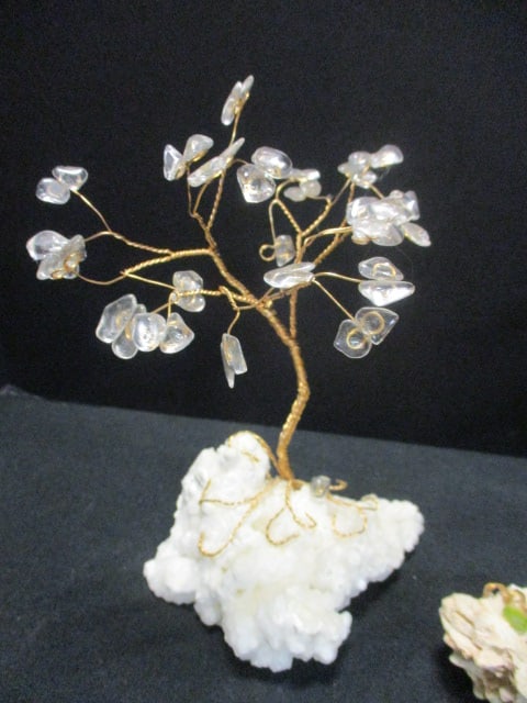 Three Small Braided Copper Trees with Natural Stone Leaves on Quartz Chunks - 7