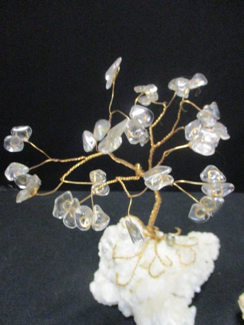 Three Small Braided Copper Trees with Natural Stone Leaves on Quartz Chunks - 9