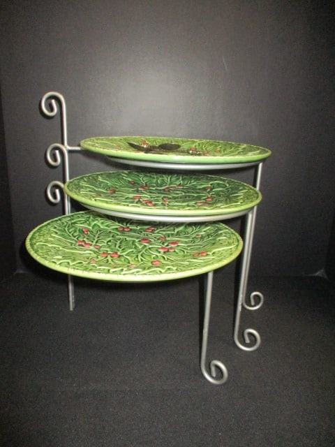 Portugal Bordalo "Holly Berry" Plate Stand Set with Silverplate Holiday Themed Spoons (1 of 4)