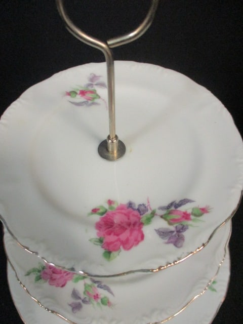 Vintage Porcelain 3 Tier Serving Tray with Rose Blossom Designs - 2