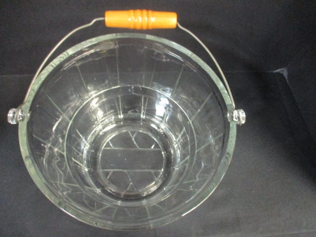 Large Pressed Glass Pail Form Ice Bucket with Bail Wire Swing Handle with Turned Wood Grip - 2