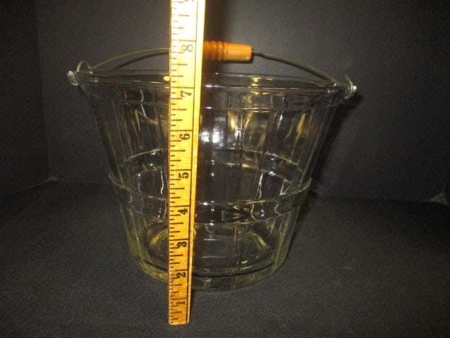Large Pressed Glass Pail Form Ice Bucket with Bail Wire Swing Handle with Turned Wood Grip - 4