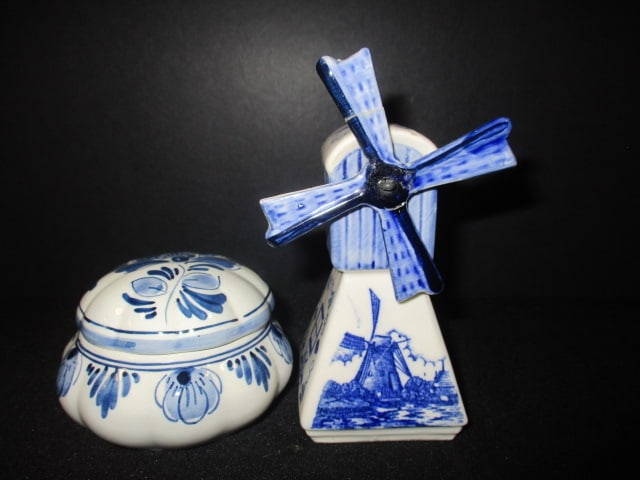 Handpainted Delft Blue Trinket Box and Henry Wedemeter Porcelain Windmill: Trinket box 3 1/2"dia, Windmill 4 3/4"h