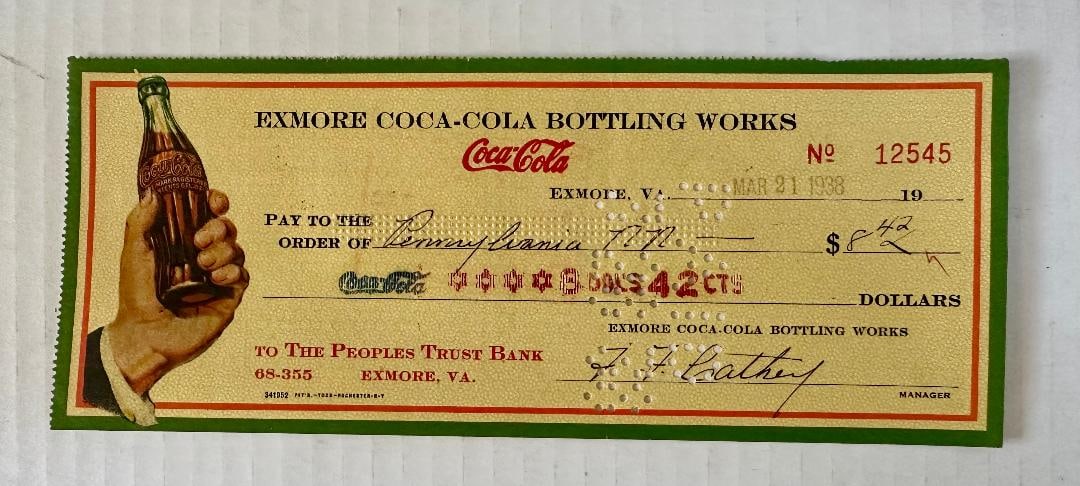 Lot of 6 Coca-Cola Paychecks from 1938, Exmore Coca-Cola Bottling Works in Virginia - 2