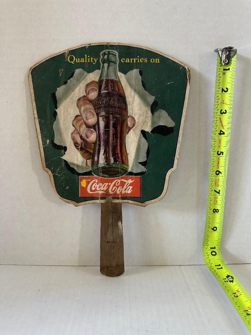 1950s Coca-Cola Cardboard Advertisement Hand Fan with Wooden Handle - 2