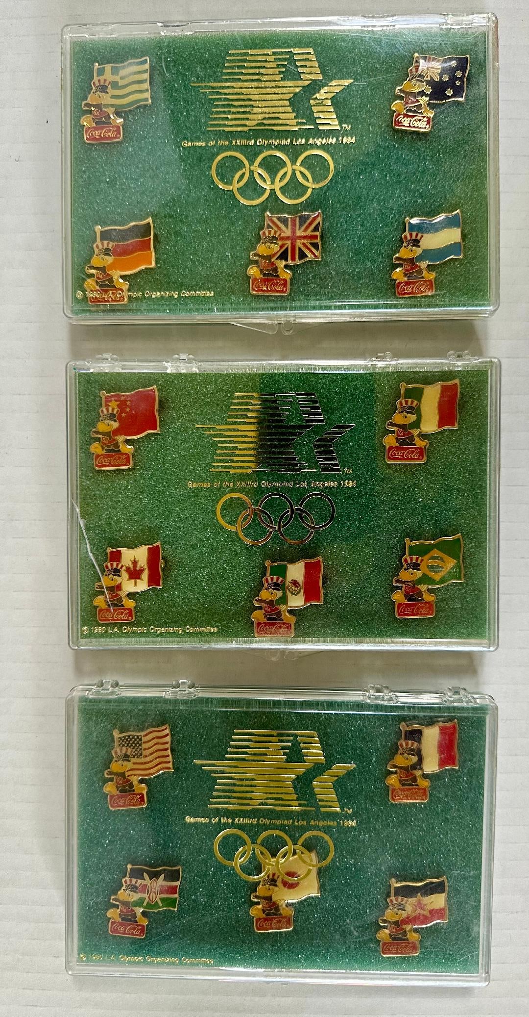 Lot of 3 1984 Los Angeles Olympics Pins in Original Cases by Coca-Cola, 5 Pins in Each Set - 2