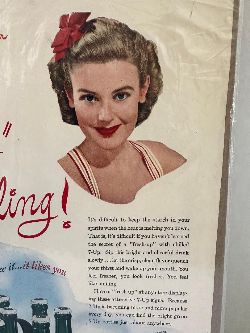 Vintage 1945 "Fresh up" Keep Smiling!"? 7-UP Advertisement in Plastic Wrap - 3