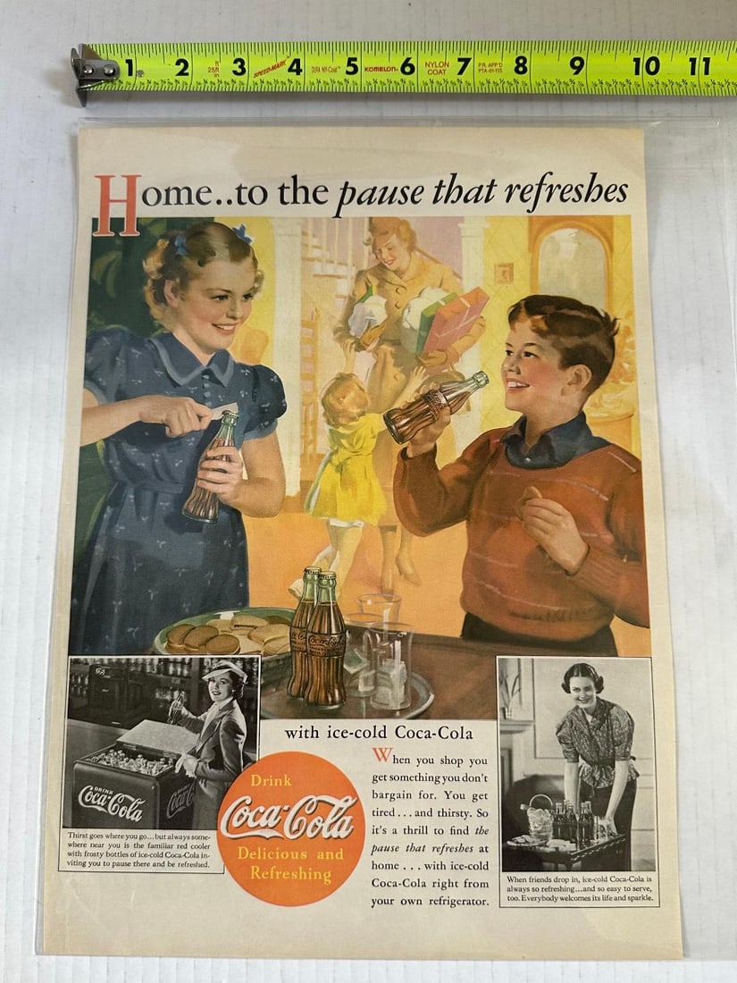 1937 Drink Coca-Cola Advertisement in Plastic: 10" x 14", Excellent Condition