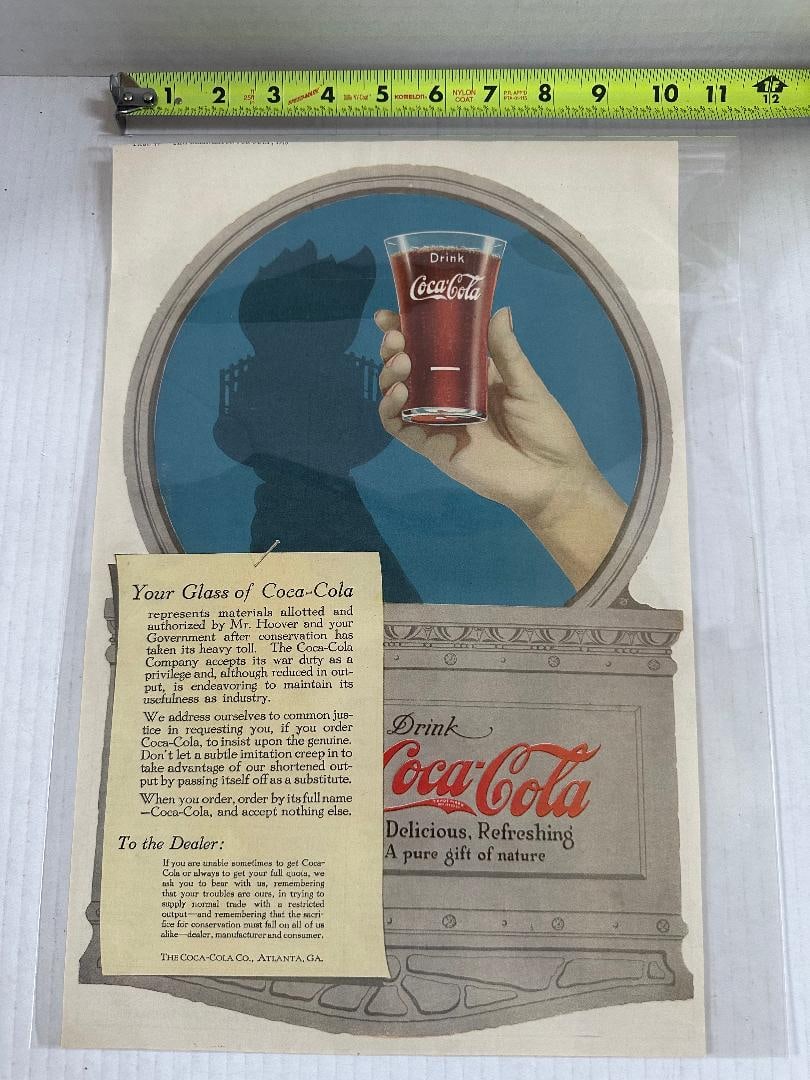 Antique 1918 Coca-Cola Advertisement in Plastic: 10" x 15" in Excellent Condition