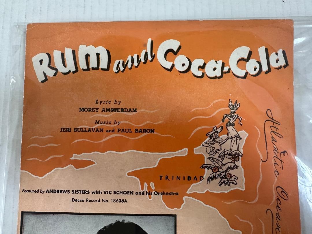 Vintage 1944 RUM and COCA-COLA Sheet Music, Andrews Sisters Cover in Plastic - 4