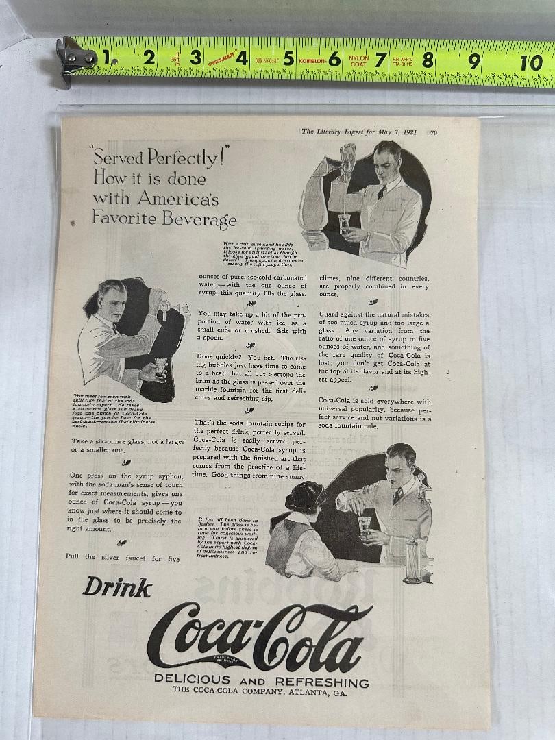 Antique 1921 Coca-Cola Advertisement in Plastic, The Literary Digest: 8.5" x 12" in Excellent Condition