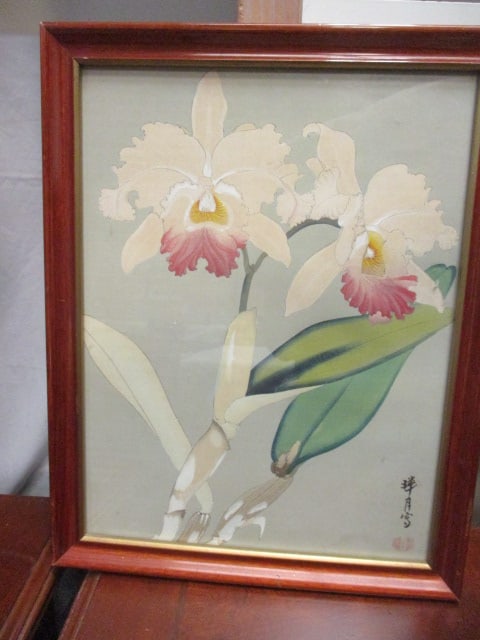 Vintage Framed Cattleya Orchid Woodblock Print by Zuigetsu Ikeda: 12 1/2" x 16", with signature stamp, appears to be wear/marks on artwork