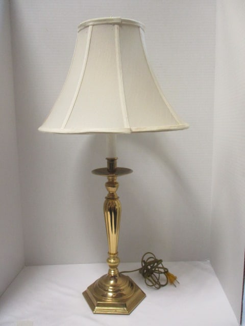 Vintage Brass Lamp with Silk Shade: 29"