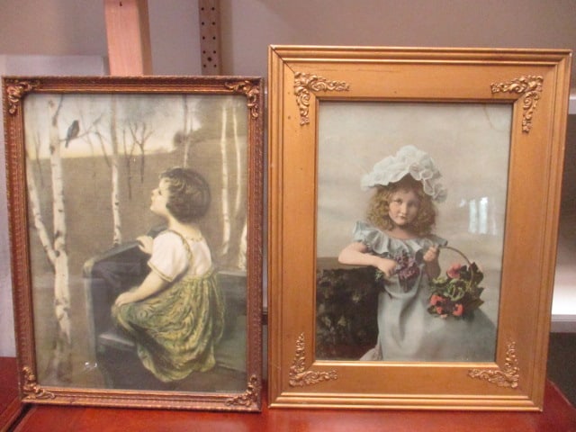 2 Vintage Colorized Small Girl Portrait Artwork in Gilded Gold Frames - 2