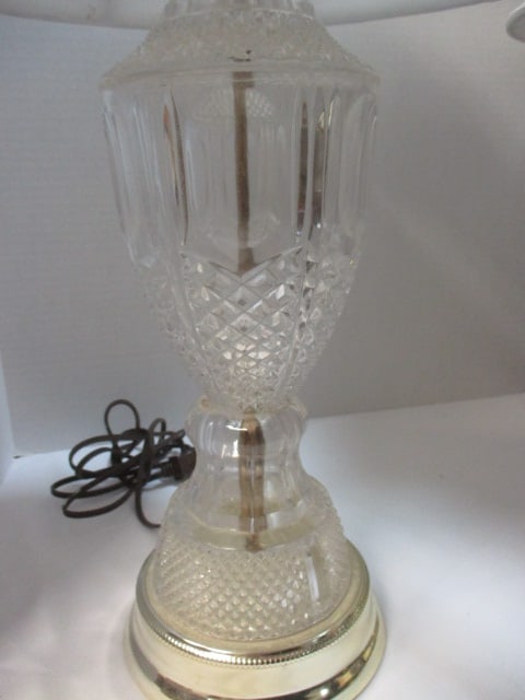 Pair of Hollywood Regency Style Cut Glass Crystal Lamps with Silk Shades - 2