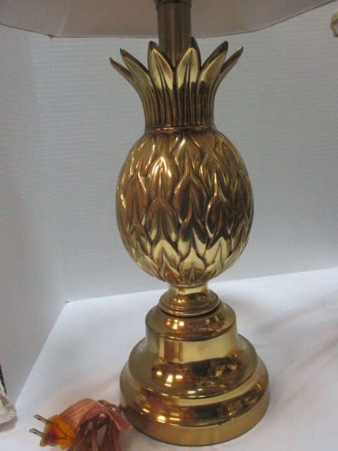Pair of Vintage Brass Pineapple Lamps with Silk Tassel Shades - 2