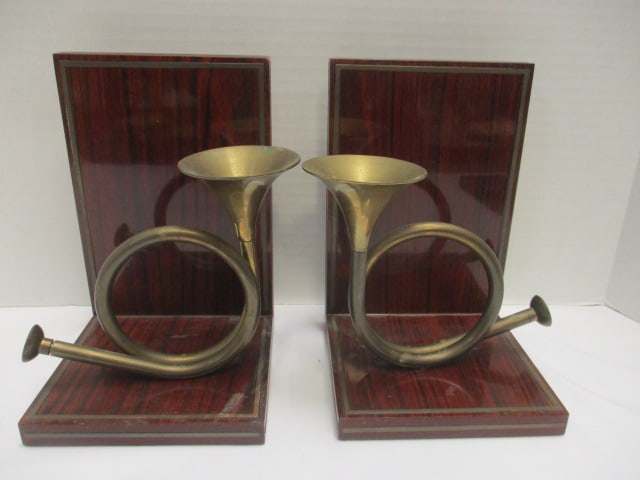 Pair of Mid Century Modern Polished Wood and Brass Horn Bookends: 7 3/4" each