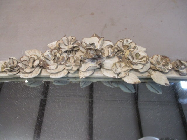 Vintage Distressed Green and Carved Roses Wood Framed Mirror - 2