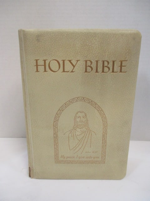 Vintage White Leather Presentation "Holy Bible": 7 1/4" x 10 1/4" x 3", some tear and wear