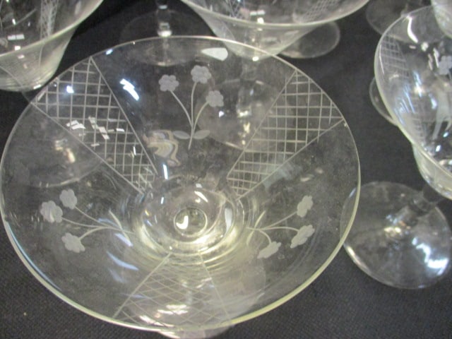 19 Vintage Etched Crystal Stem Glasses - 2