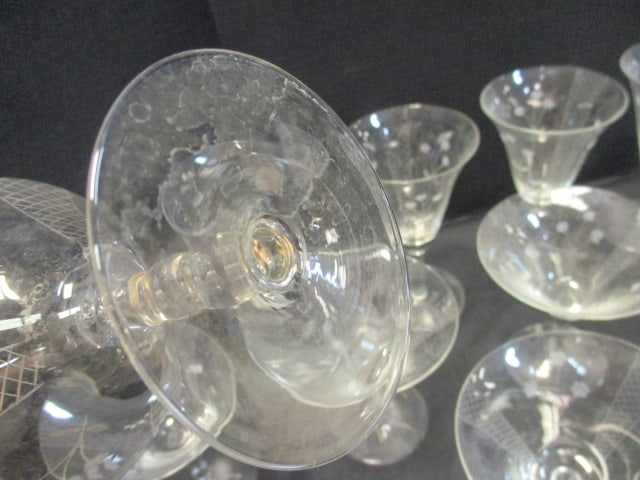 19 Vintage Etched Crystal Stem Glasses - 4