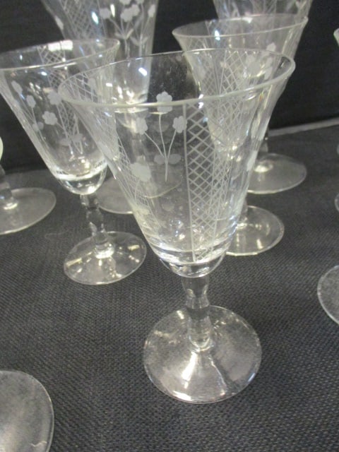 19 Vintage Etched Crystal Stem Glasses - 5