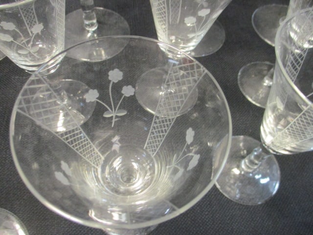 19 Vintage Etched Crystal Stem Glasses - 6