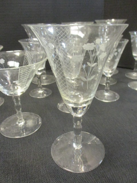 19 Vintage Etched Crystal Stem Glasses - 7