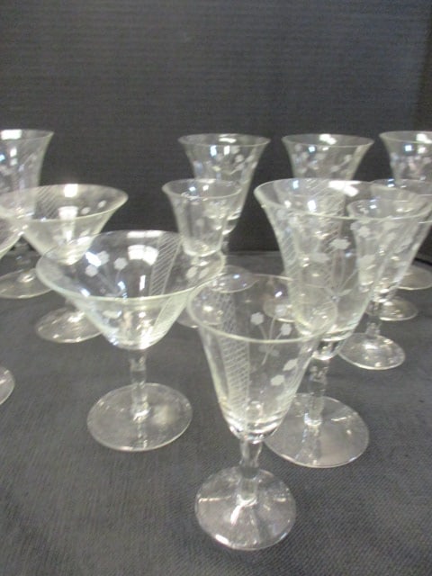 19 Vintage Etched Crystal Stem Glasses - 8