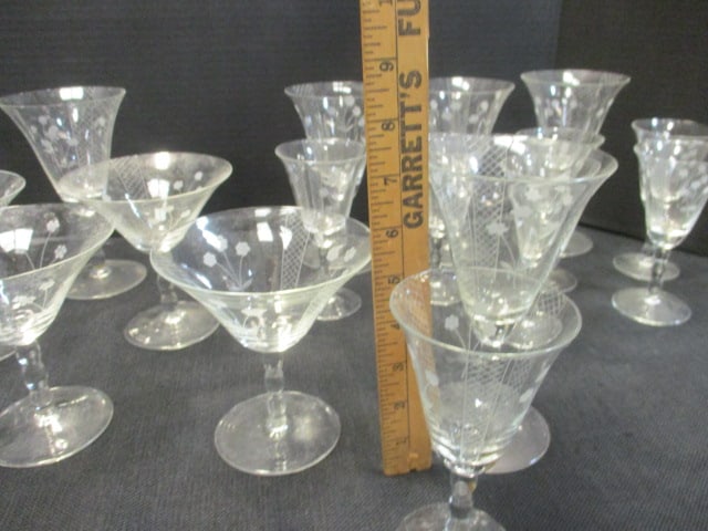 19 Vintage Etched Crystal Stem Glasses - 9