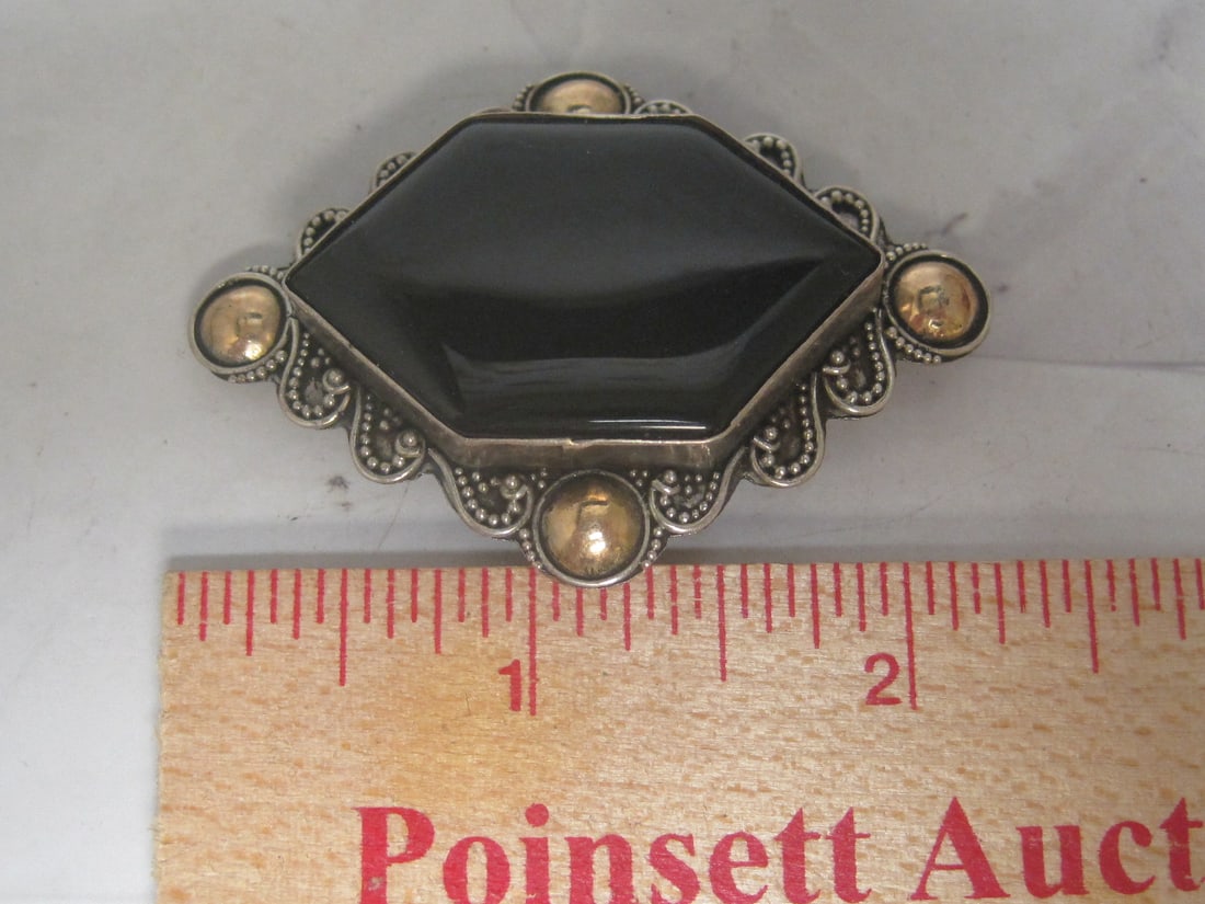 Antique Sterling Silver Onyx Brooch - 5