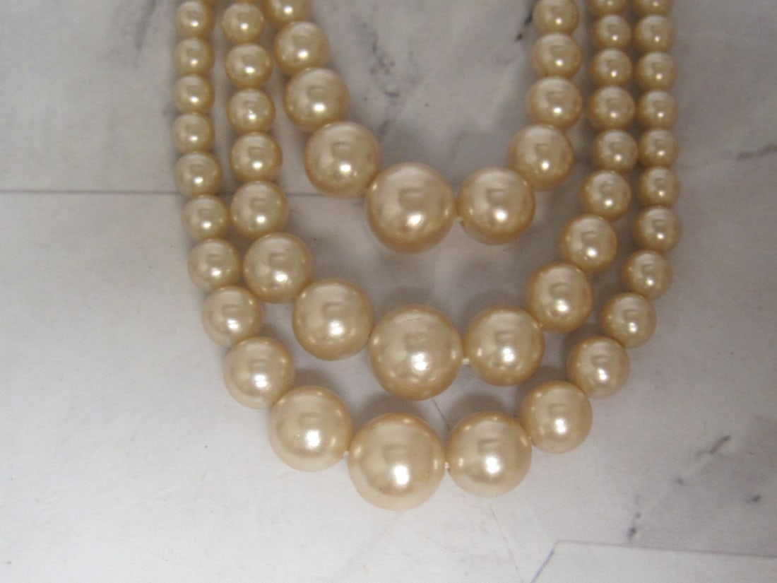Antique 3 Strand Pearl Necklace with Ornate Sterling Silver Clasp - 2