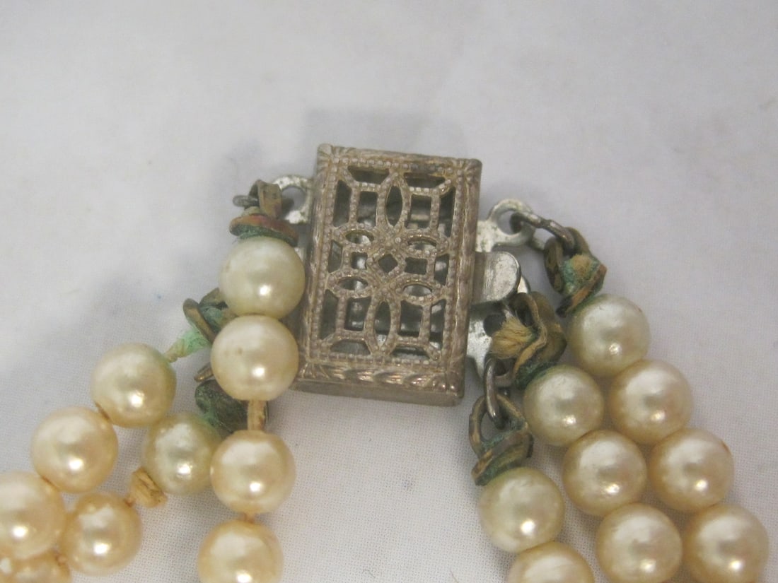 Antique 3 Strand Pearl Necklace with Ornate Sterling Silver Clasp - 4