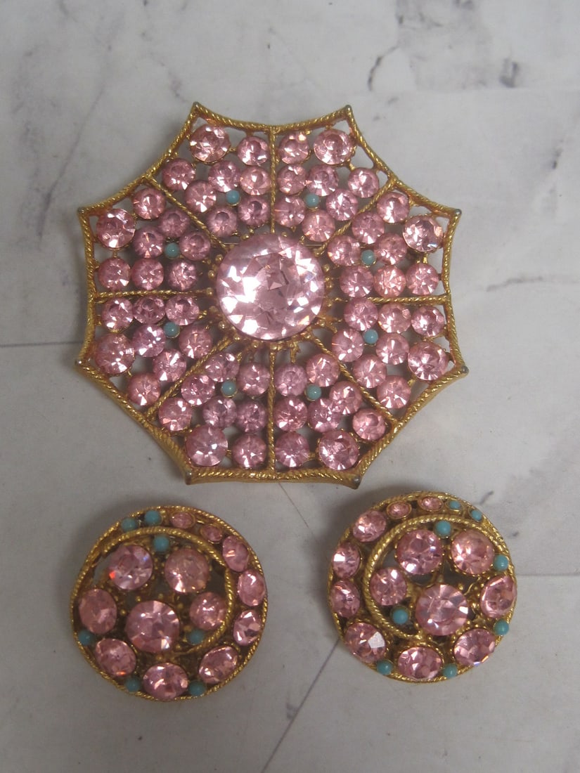 Vintage BSK Spider Web Brooch & Clip Earrings Set: With pink & turquoise stones