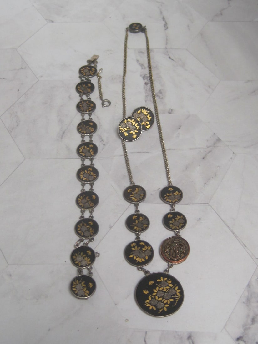 Silver 950 Japanese Damascene 18" Necklace, 7 1/2" Bracelet, & Pierced Earrings Set: Weighs 35 grams, 1 disc replaced on necklace by button- gives it character