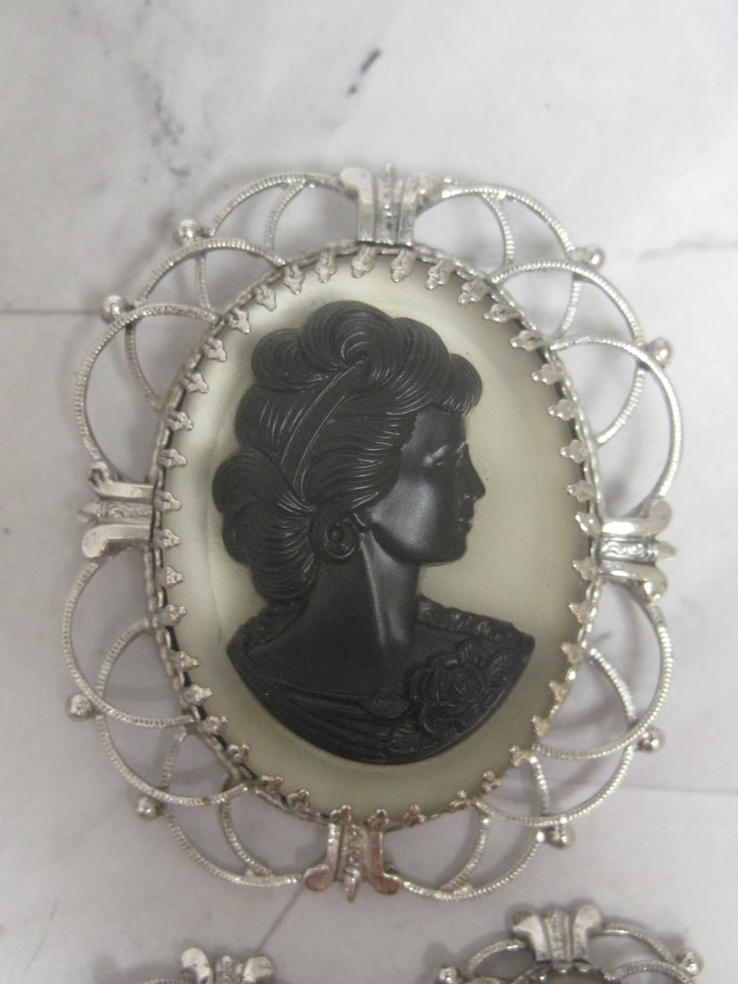 Whiting & Davis Cameo Brooch & Clip Earrings - 2