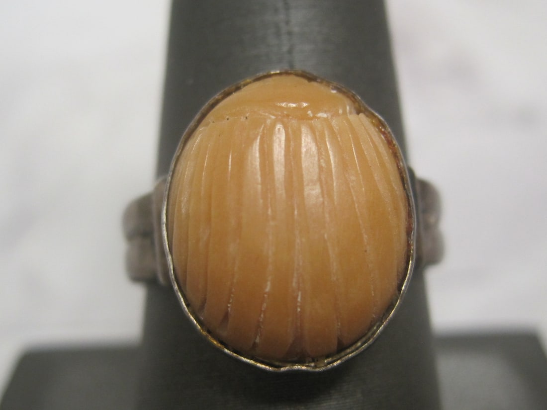 Sterling Silver Antique Carved Scarab Ring: Weighs 4.9 grams, Size 9 1/2, Marked SBN