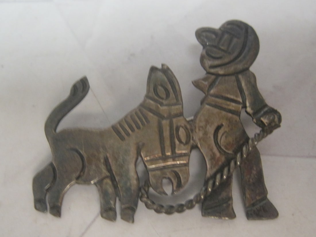 Mexican Silver Boy & Donkey Brooch: Weighs 6.8 grams