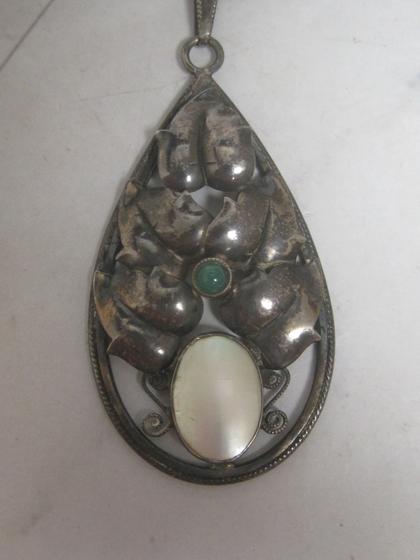 Antique 800 Silver Art Nouveau Pendant on 18" 800 Silver Chain - 2