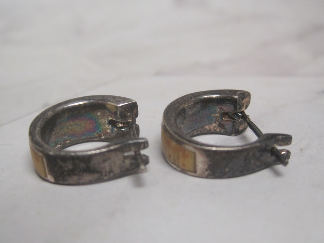 Vintage Sterling Silver Hoop Earrings with Bone Inlay - 2