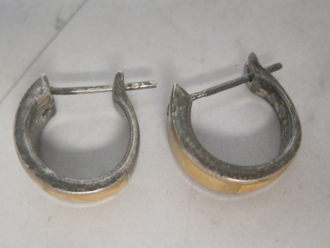 Vintage Sterling Silver Hoop Earrings with Bone Inlay - 3
