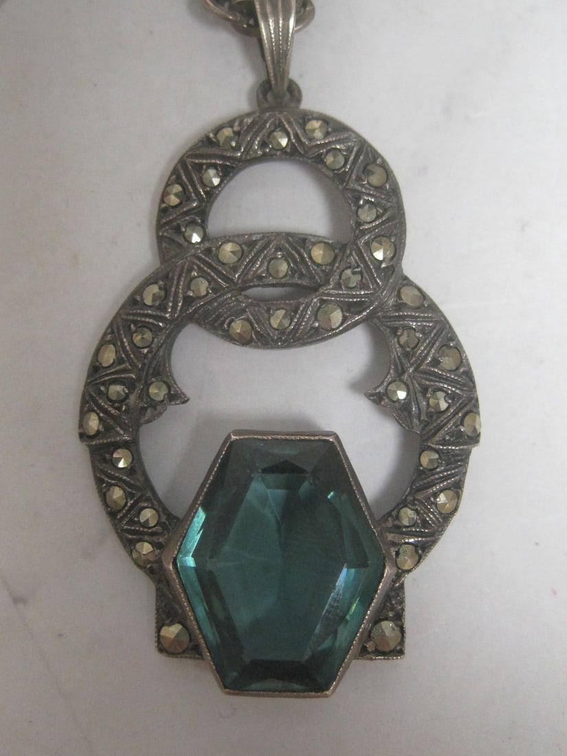 Antique German Silver Pendant with Green Stone & Marcasites - 2
