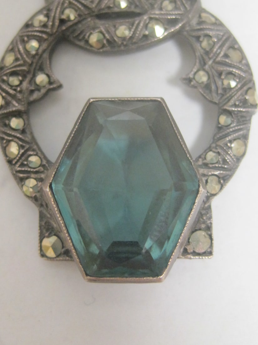 Antique German Silver Pendant with Green Stone & Marcasites - 3