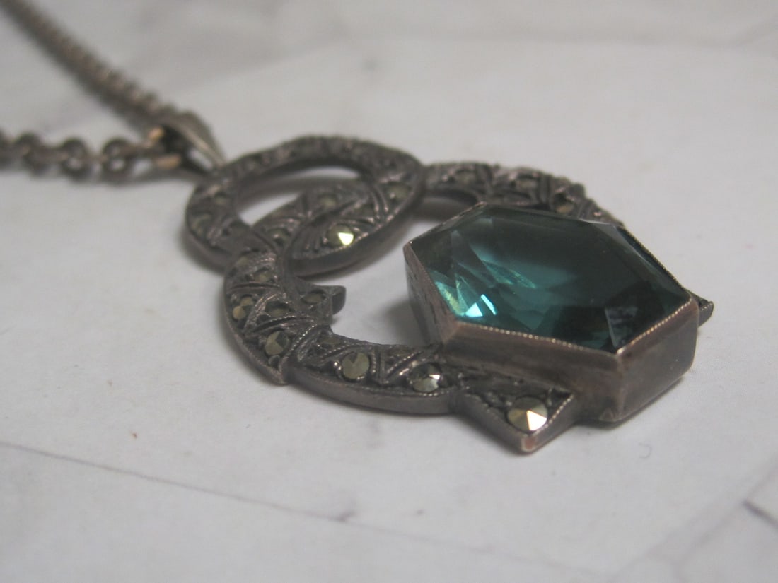 Antique German Silver Pendant with Green Stone & Marcasites - 4