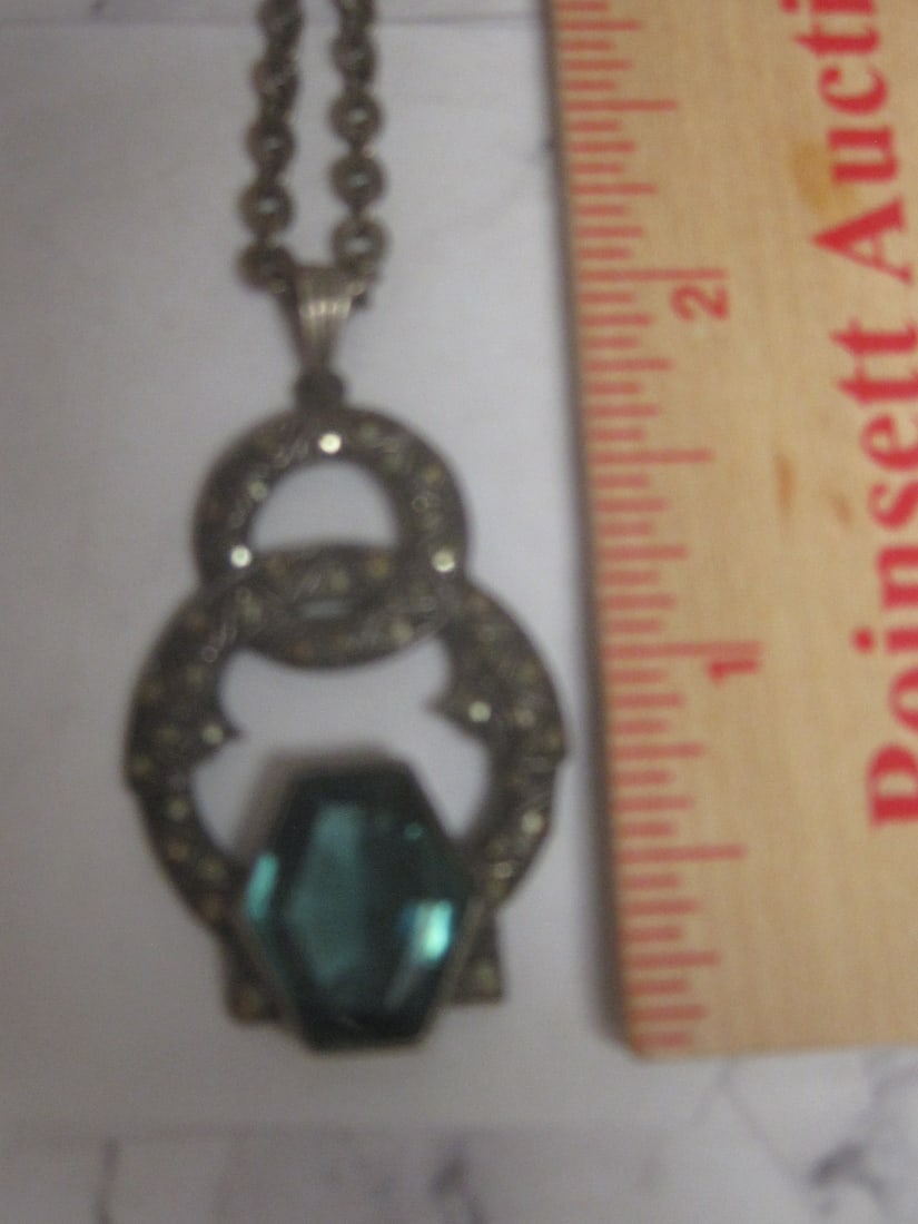 Antique German Silver Pendant with Green Stone & Marcasites - 7