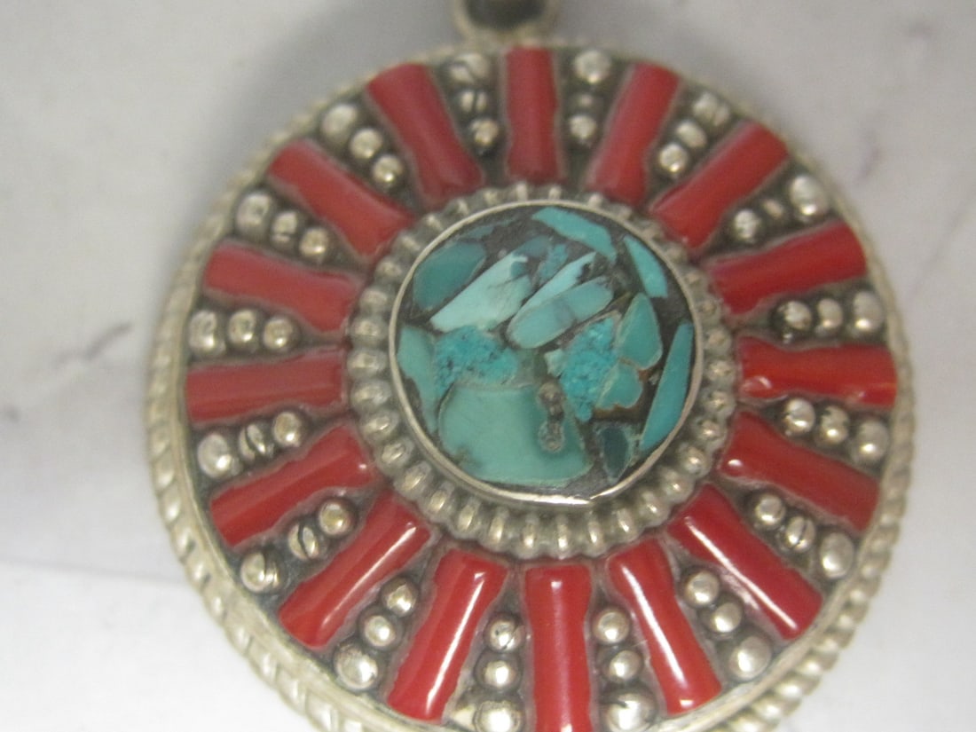 Sterling Silver Pendant with Turquoise & Coral Stones - 2