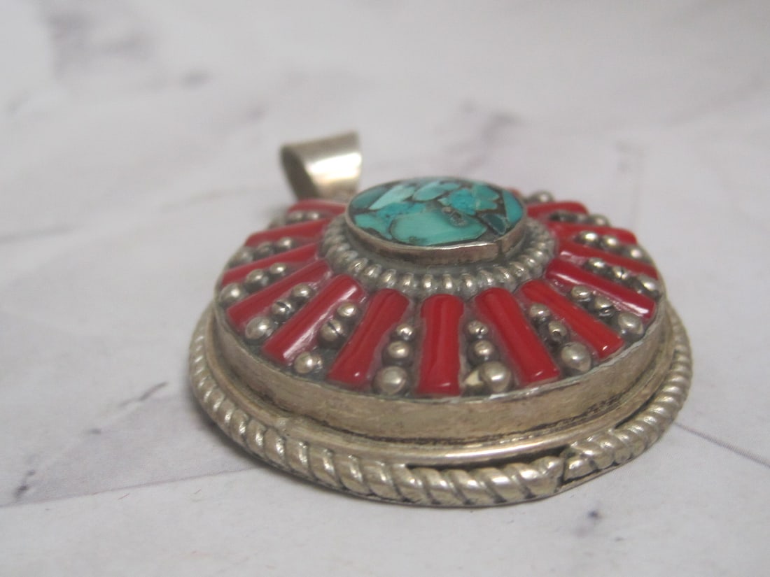Sterling Silver Pendant with Turquoise & Coral Stones - 3
