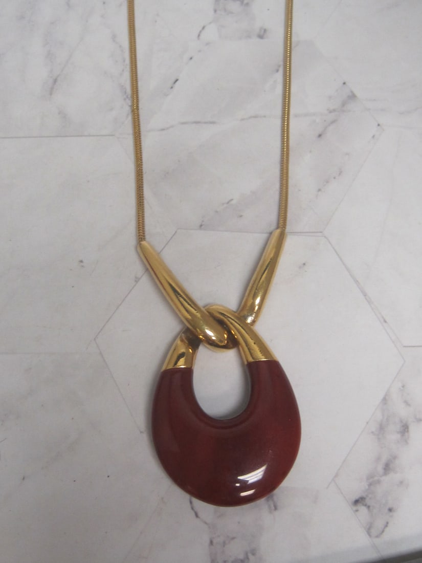 1960's Crown Trifari Lucite Pendant on 26" Goldtone Chain: .